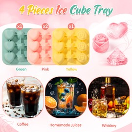 Censen 4 Pcs Silicone Rose Heart Diamond Ice Cube Mold 3D Mold with Covers Easy Release Cube Tray Form Large Flower Shaped Ice Ball Maker for Juice (Mixed Styles)