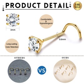 MILACOLATO 14K Real Gold Nose Rings Studs Simulated Diamond CZ Corkscrew Nose Rings Nose Studs Solid Gold Twist Nose Screw Studs Rings Hypoallergenic Nose Piercings for Women Men 22G-3MM