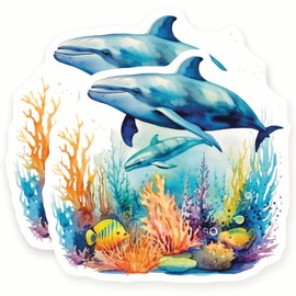 Dolphin Stickers - Ocean Life Art - Sea Creature Decal - 2 Pack - 5" Wide Design - Adheres to Laptops, Tumblers, and More – Made in The USA - AQS1573
