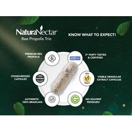 NaturaNectar - Bee Propolis Trio Capsules, NSF Certified Premium Brazilian Propolis - Gluten-Free Supplements with More Diverse Flavonoids & PWE - Naturally Sourced Through Ethical Beekeeping (60pcs.)