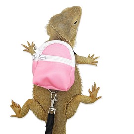 Bearded Dragons Harness Leashes Set Cute Backpack Back to School Design for Small Pets Reptile Lizard Crested Gecko Chameleon Rat Hamster Squrriel Ferret Photo Shoot (Pink)