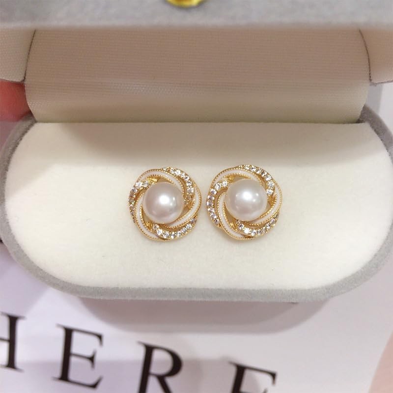 QINGANRAN Freshwater Pearl Stud Earrings With Cubic Zirconia Pearl Earrings
