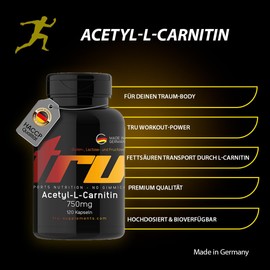 TRU Sports Nutrition | Acetyl-L-Carnitin - 120 Kapseln - 750mg Acetyl-L-Carnitin pro Kapsel - Hochdosiert - 100% Vegan | Herstellung & Laborprüfung in Deutschland