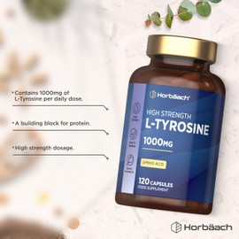 L-Tyrosine Supplement 1000mg | 120 Vegan Capsules | Fermented High Strength Supplement | Free Form Amino Acid | by Horbaach