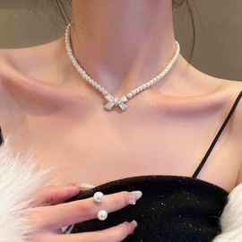 Xmsrn Vintage Pearl Choker Necklace Bow Pendant Necklace Short Pearl Chain Necklace Boho Pearl Chain Necklace Jewelry for Women and Girls
