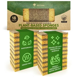 AIRNEX Natural Kitchen Sponges Pack of 18 - Biodegradable Cellulose and Coconut Husk Walnut Scrubbers - Odor Free Non Scratch - Eco Friendly Quick Drying Dishwashing Sponges