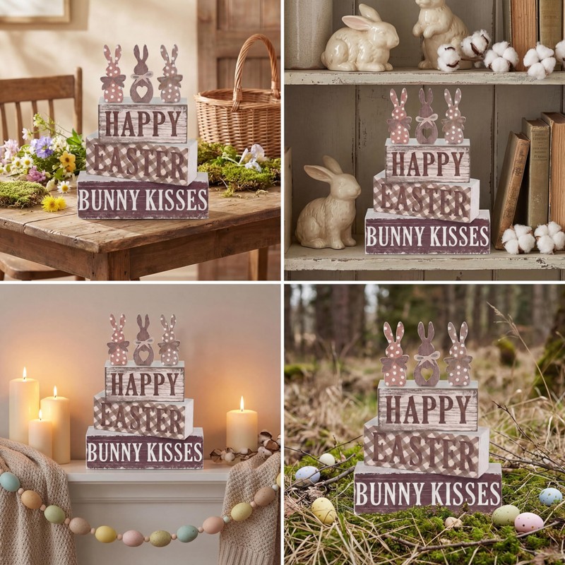 Yousoontic 5 Pcs Easter Wooden Table Decorations Bunny Tiered Tray