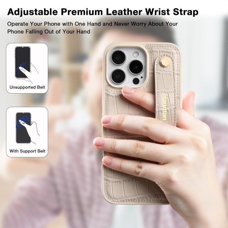 Hanman for iPhone16 Pro Max Leather Case with Adjustable Wristband