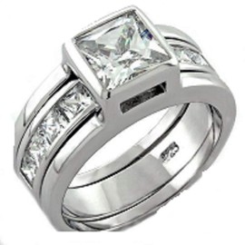 YourJewelleryBox 1034 Sterling Silver Engagement Ring Set Simulated Diamond Princess Bands 3pcs Bezel Size r USA 9