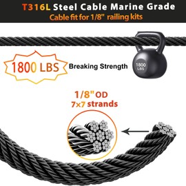 Steel DN Mate 300ft 1/8" Black Cable Railing Wire Rope, T316L Marine Grade Stainless Steel Cable for Stair Deck Cable Railing System, 7 × 7 Strands Construction Wire Railing Hardware with Cutter