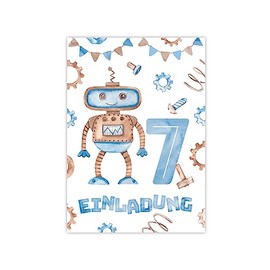 Minkocards 12 Invitations for 7th Children's Birthday Boy Robot Invitations for Seventh Birthday Children Colourful Birthday Invitations