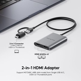 PULWTOP Displaylink Adapter, USB-C to HDMI Adapter with Dual Monitor 4K@60Hz for Mac M1/M2/M3/M4, and Windows, Thunderbolt 3/4, USB 3.0 or USB-C, Driver Required