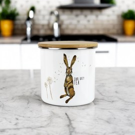 Purely Home Hares Earl Grey Tea Storage Canister - Hare And Dandelion Animal Floral White Metal Enamel Medium Sized Food Storage Container