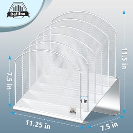 Delifox Inclined Desk File Organizer, 5-Section Vertical File Folder Holder Stand Metal Rack File Sorter for Office Classroom Desktop Organization (Silver, 2Pack)