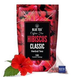 BLUE TEA - Hibiscus Classic Herbal Tea - 100 Tea Bags | SKIN GLOW ENHANCING TEA | Caffeine-Free | Vegan - Gluten Free - Non-GMO | Eco-Conscious Ziplock Pouch