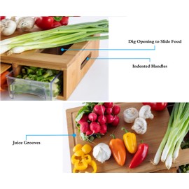 BAMBOO LAND Large bamboo cutting board with 4 trays/drawers/container and bamboo lids, Chopping board with juice grooves, handles & food sliding opening, cutting board For easy food prep and cleanup