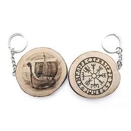 Generico Natural Wood Vegvisir Drakkar Scandinavian Talisman Rune Compass Keyring