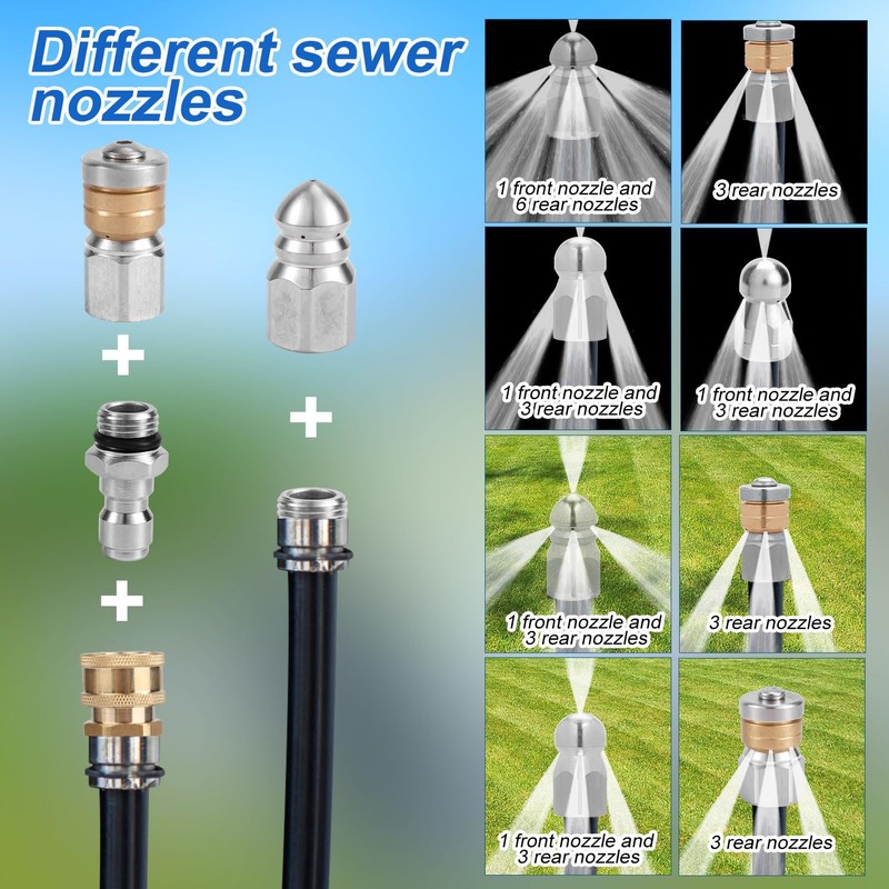 10pcs Sewer Jetter Nozzle Kit - Stainless Steel, 1/4" &