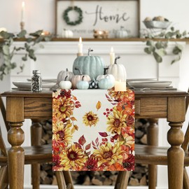 Artoid Mode Sunflower Eucalyptus Leaves Fall Table Runner, Seasonal Autumn Thanksgiving Kitchen Dining Table Decoration for Outdoor Home Party 13x72 Inch