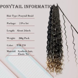YOROSTAR 2 Pcs Goddess Box Braid Ponytail Extension with Elastic Tie 24 inch Long Box Braided Ponytail Hair Tie Wrap Around Braid Ponytail Synthetic Hairpieces for Women Daily Wear (T1B/27#)