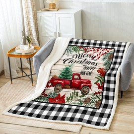 Manfei Red Truck Throw Blanket Christmas Theme New Year Blanket for Couch Sofa, Grey Plaid Print Bed Blanket for Kids Girls Room Decor, Soft and Breathable Fleece Blanket(50 x 60 Inches)