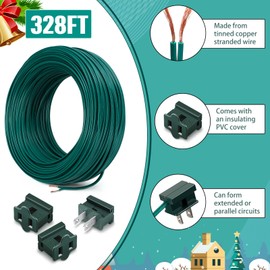 Kanayu SPT-1W 164FT Extension Hookup Electrical Wire 18/1 Zip Cord with 8 Additional Vampire Plugs Stranded Wire for Outdoor Stranded Copper Landscape Lighting Christmas(Green)