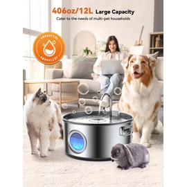 Dog Water Fountain for Large Dogs, 3.2Gal/406oz/12L Stainless Steel Dog Water Fountain, Quiet Dog Water Bowl Dispenser with Visible Window for Multi-pet Home, Includes 7 Filters and 7 Sponges