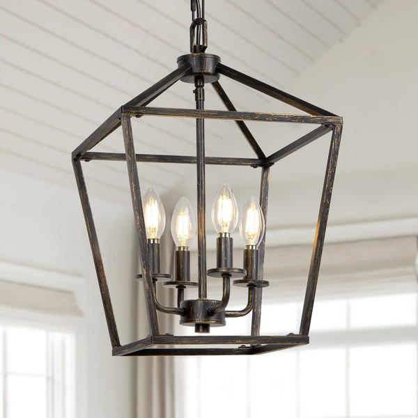 4 Light Chandelier Lighting, Industrial Ceiling Light Black Lantern with