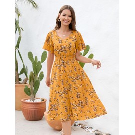Gardenwed Womens Casual Summer Chiffon Floral V Neck Short Sleeve Wedding Guest Midi Dress Yellow Little Flower L