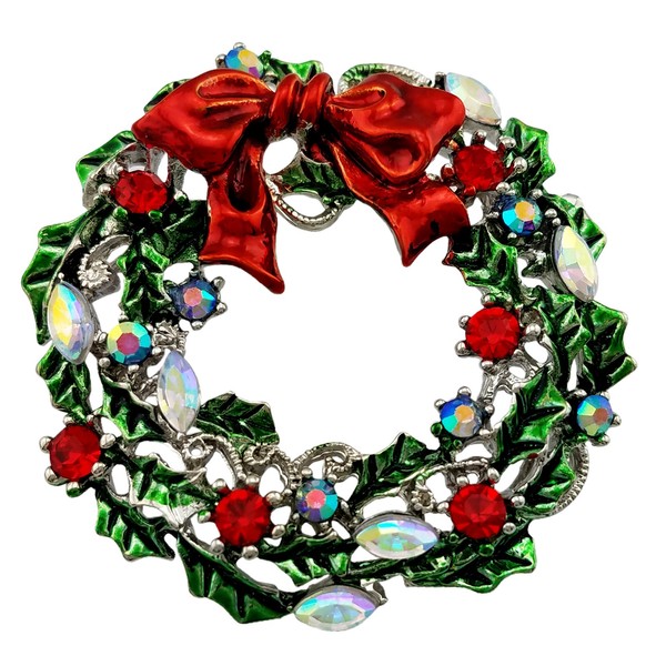 SELOVO Silver Tone Wreath Green Red Austrian Crystal Round Brooch