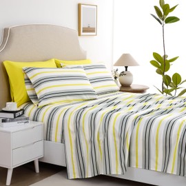 Twin Size Bed Sheets Set Deep Pockets - 6PC Striped Ultra Soft Microfiber Bed Sheets - Easy to Clean, 90 Thread Count Sheets with Fitted Sheet, Flat Sheet & Pillowcases (Grey/Yellow)