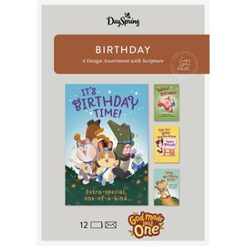 DaySpring - God Made Just One Birthday - 4 Design Assortment With Scripture - 12 Children's Birthday Cards & Envelopes