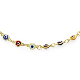 Protection Amulet Turkish Multi Color Charm Slender Evil Eyes Anklet Link Ankle Bracelet For Women Teen Yellow Gold Plated .925 Sterling Silver 9 Inch