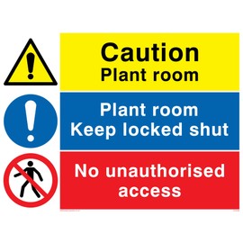 Viking Signs CV5295-A5L-1M "Caution Plant Room, Plant Room Keep Locked Shut, No Unauthorised Access" Sign, 1 mm Plastic Semi-Rigid, 200 mm H x 150 mm W