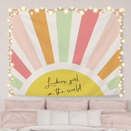 AQYIP Retro Boho Sunshine Lucky Girl Tapestry Wall Hanging, Luckiest Girl in the World Tapestry Decorative, Boho Colorful Sun Wall Blanket Decor for Nursery Toddler Little Girls Room, 50x60 Inch