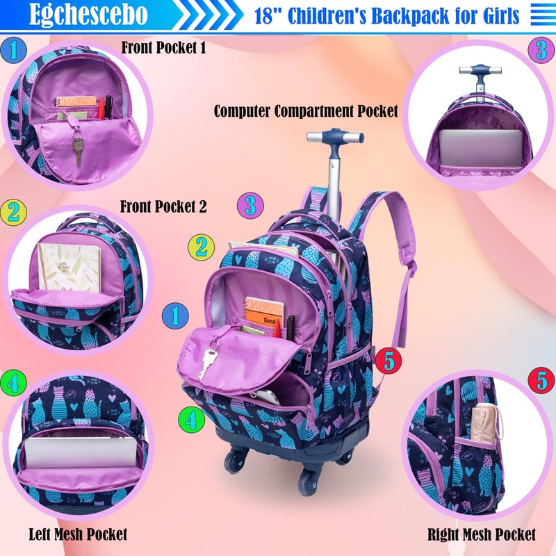 Egchescebo Kids Rolling Backpack for Girls Mermaids Suitcases Trolley Roller