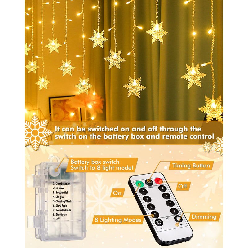LIHAO 4M Snowflake Curtain String Light with Remote 19 Drops
