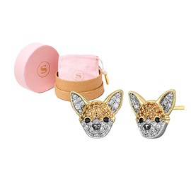 SCAMPER & CO .925 Sterling Silver 18K Gold & Rhodium Plated Chihuahua Stud Earrings for Women - White Cubic Zirconia & Genuine Black Spinel Stones - Hypoallergenic & Nickel-Free Dog Breed Jewelry for Her