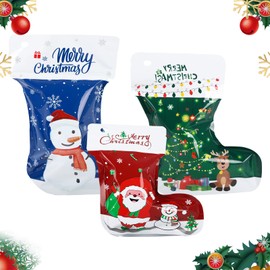 Christmas Zip Lock Bags 24Pcs Xmas Mylar Bags Sweet Treat Candy Bags Kids Goody Bags with 50Pcs Gold Twist Ties,Santa Snowman Small Ziplock Bags for Christmas Festival Party Favours Xmas Gift Package