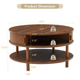 XUZENEST 31.5” Round Coffee Table with Storage, Mid Century Modern 2 Tier Coffee Table with Tambour Sliding Door, Solid Wood Legs Fluted Center Table for Living Room Home Office Small Space, Walnut