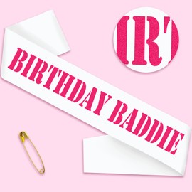 SKJIAYEE "BIRTHDAY BADDIE Sash, Funny White Hot Pink Glitter Birthday Sash for Women and Men Birthday Party Favors Decorations Supplies Accessories, Great for Any Birthday Gifts Ideas