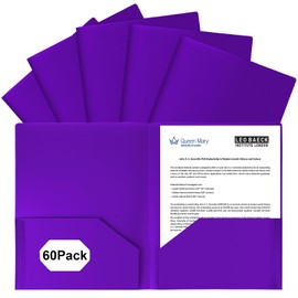 EEHZTSI 60-Pack Plastic Folders with Pockets,2-Pocket Poly Folders Holds 8-1/2" x 11" Paper for School/Office/Home, Purple
