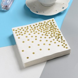 100PCS White and Gold Napkins Gold Serviettes Napkins,Foil Gold Dots Napkins,Weddings Serviettes Holiday Celebrations and Birthday Parties 33 x 33 cm White
