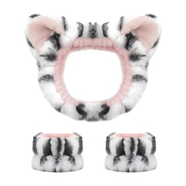 Set HASTHIP de diadema con orejas de gato y muñequeras de franela para lavado facial