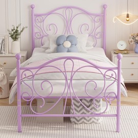 Merronix Twin Bed Frames with Butterfly Pattern Headboard and Footboard，Twin Size Bed Under Bed Storage No Box Spring Needed Heavy Duty Metal Platform Bed, Purple