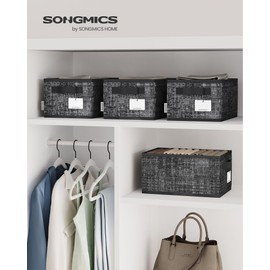 SONGMICS Set of 3 Foldable Fabric Storage Boxes 30 x 20 x 15 cm for Wardrobe 2 Handles Label for Bedroom Living Room Ink Black ROB415B01