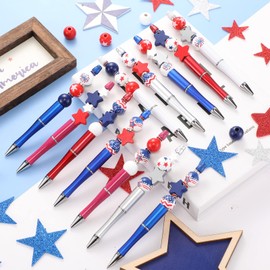 Geyee 12 Set American Flag Beadable Pens Independence Day Bead Pens 4th of July Wood Beads Set Patriotic Plastic Bead Pen Kit DIY Star Stripes Ballpoint Pen for Veterans Gifts School Office(Novel)