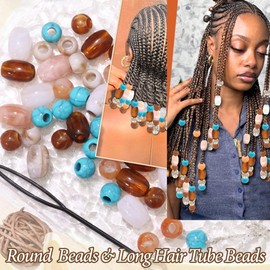 VENOFEN 60PCS Hair Beads Turquoise Loc Bead Mixed Color Long Tube Bead Hair Dreadlock Jewelry Gradient Round Beads Vintage Hair Accessories for Women Girls