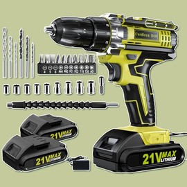 Drill, 21V Cordless Drill with Dual 2.0Ah Power Pack, Electric Drills 3/8 Inch Chuck 370 In-lbs, 25+1 Torque Power Combi Screwdriver Set with Power Pack and Charger, 2 Speed LED Light 29 Accessories