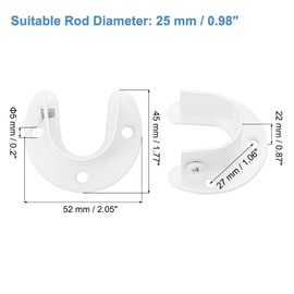 sourcing map Closet Rod Bracket, 4Pcs Stainless Steel U Shaped Flange Closet Holder, Closet Rod End Supports Rod Bracket for 25mm Diameter Rod, White